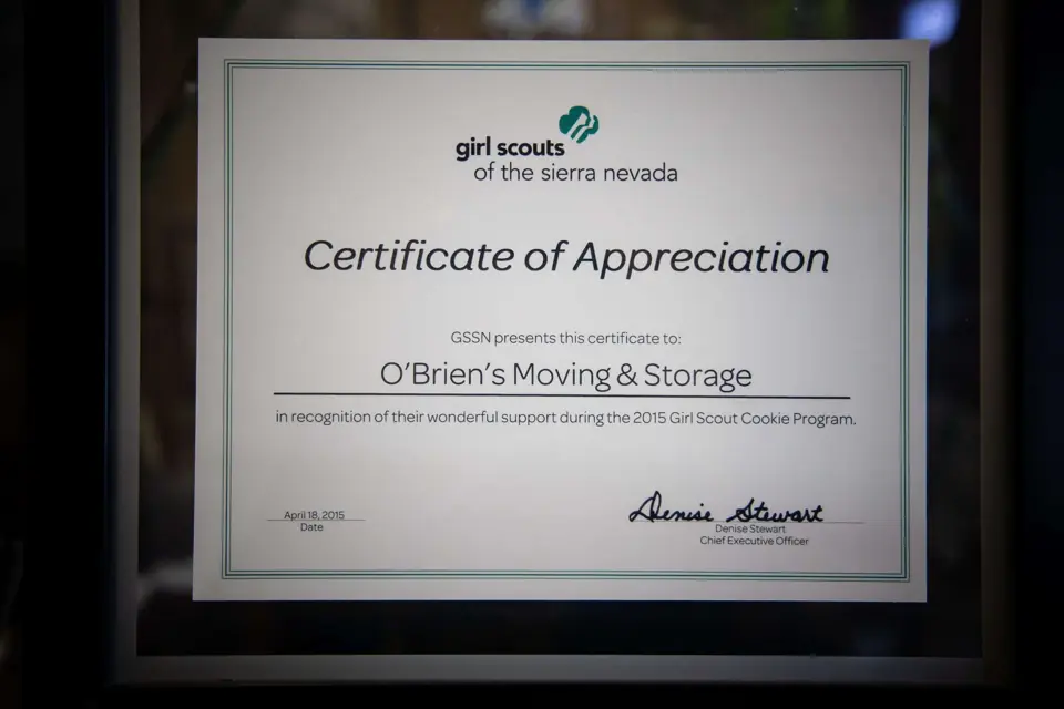 Certificate of appreciation from the Girl Scouts of the Sierra Nevada to O'Brien's Moving & Storage