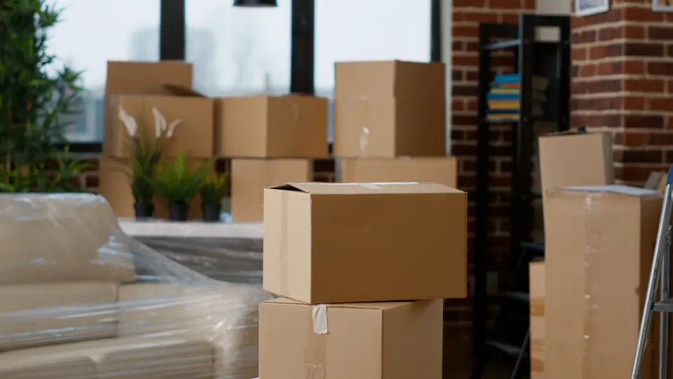 Living room filled with stacked cardboard moving boxes and wrapped furniture, no people