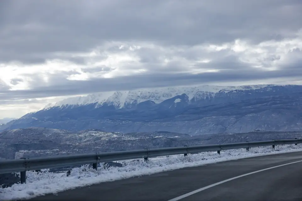 Winter mountain road, snow, chains