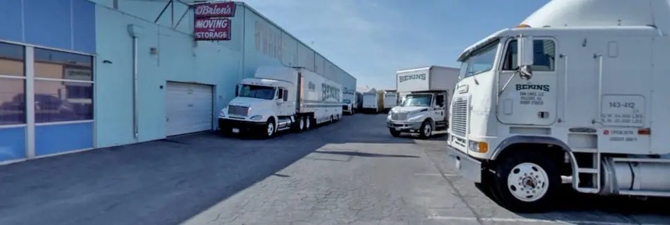 The O'Brien's Moving & Storage building and yard on Glendale Avenue in Sparks with moving trucks lined up